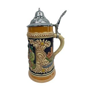 Vintage German Beer Stein Ceramic Pewter Lid Hand-Painted Scene 7" Tall Germany